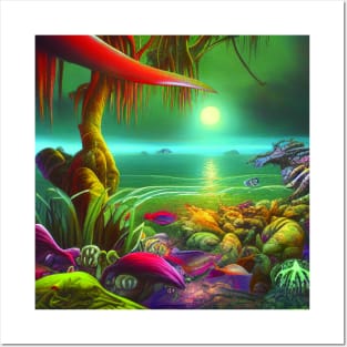 Landscape Painting with Tropical Colorful Plants and Lake, Scenery Nature Posters and Art